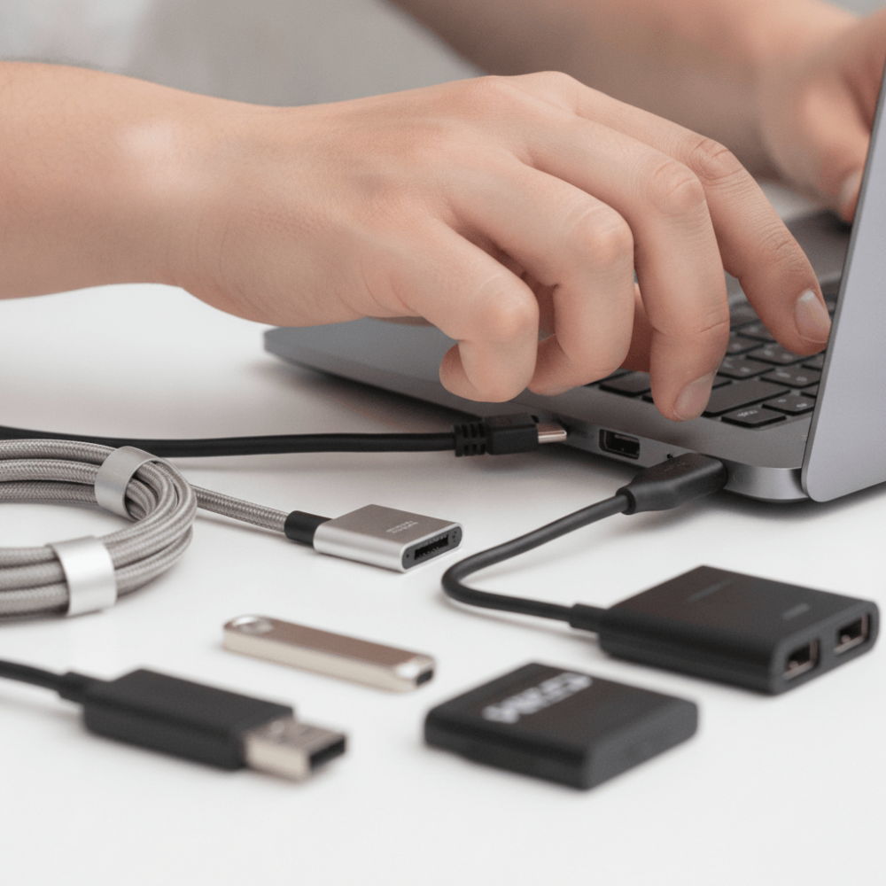 Test de connectique d'un ordinateur portable professionnel avec câbles USB-C, HDMI et adaptateurs